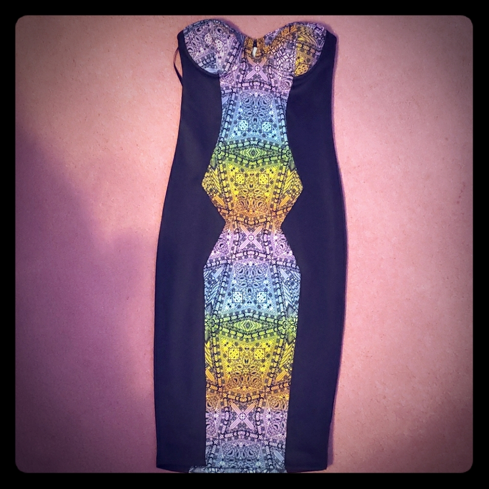 Sexy bodycon rainbow Aztec print dress strapless
